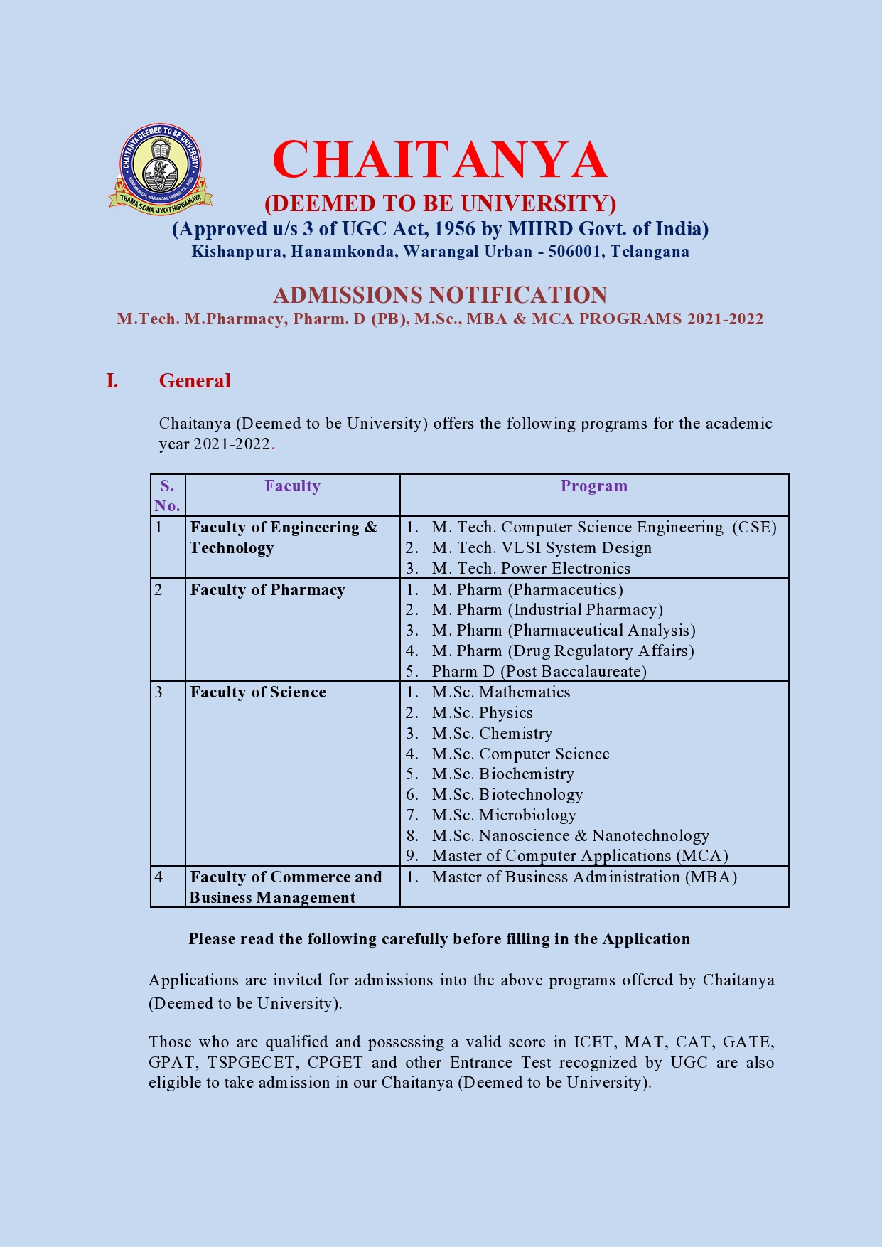 M.Tech. and M.A. Admissions